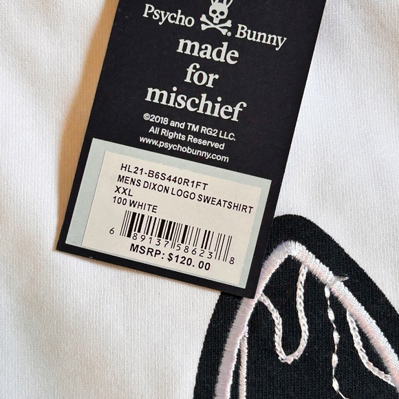 NWT Psycho Bunny Sweatshirt Mens Crew Neck Dixon Logo XXL white - Picture 2 of 9